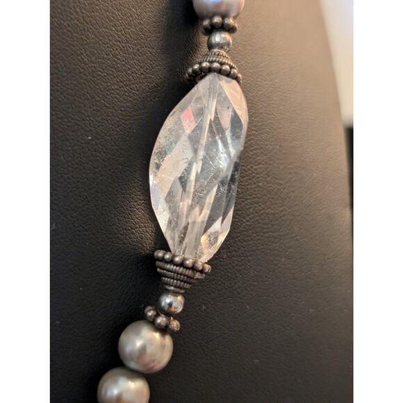 Vintage to Antique Sterling Silver Pearl Rock Quartz Abalone Shell Bead Necklace - Picture 2 of 10